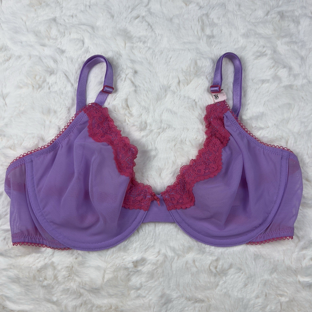 Victoria’s Secret Tease Unlined Demi Bra‎ 32C Mesh Purple Paradise Fuchsia Lace
